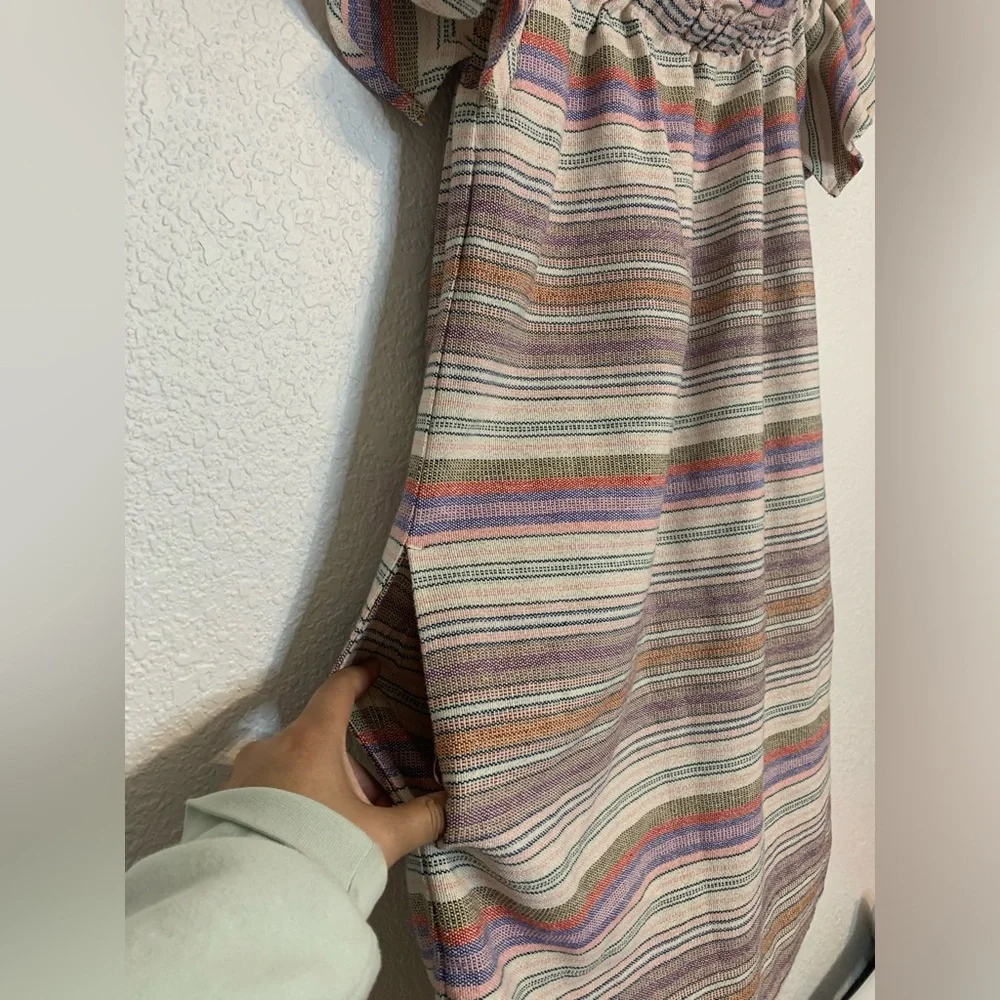 Philosophy Women Sz Small Boho Dress Ivory Colorful Stripe Cotton Off Shoulder - Picture 4 of 10